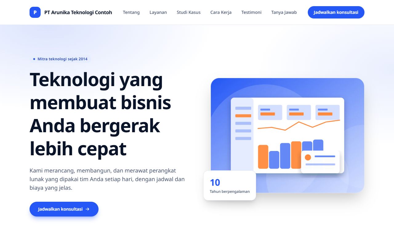 Beranda tema Korporat di desktop: hero terbelah dengan judul besar, gambar membulat, dan kartu angka melayang