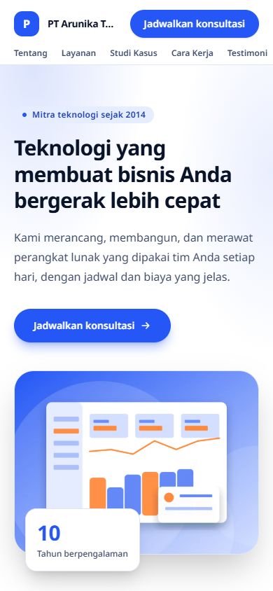 Beranda tema Korporat di ponsel: judul besar, tombol konsultasi, dan gambar membulat