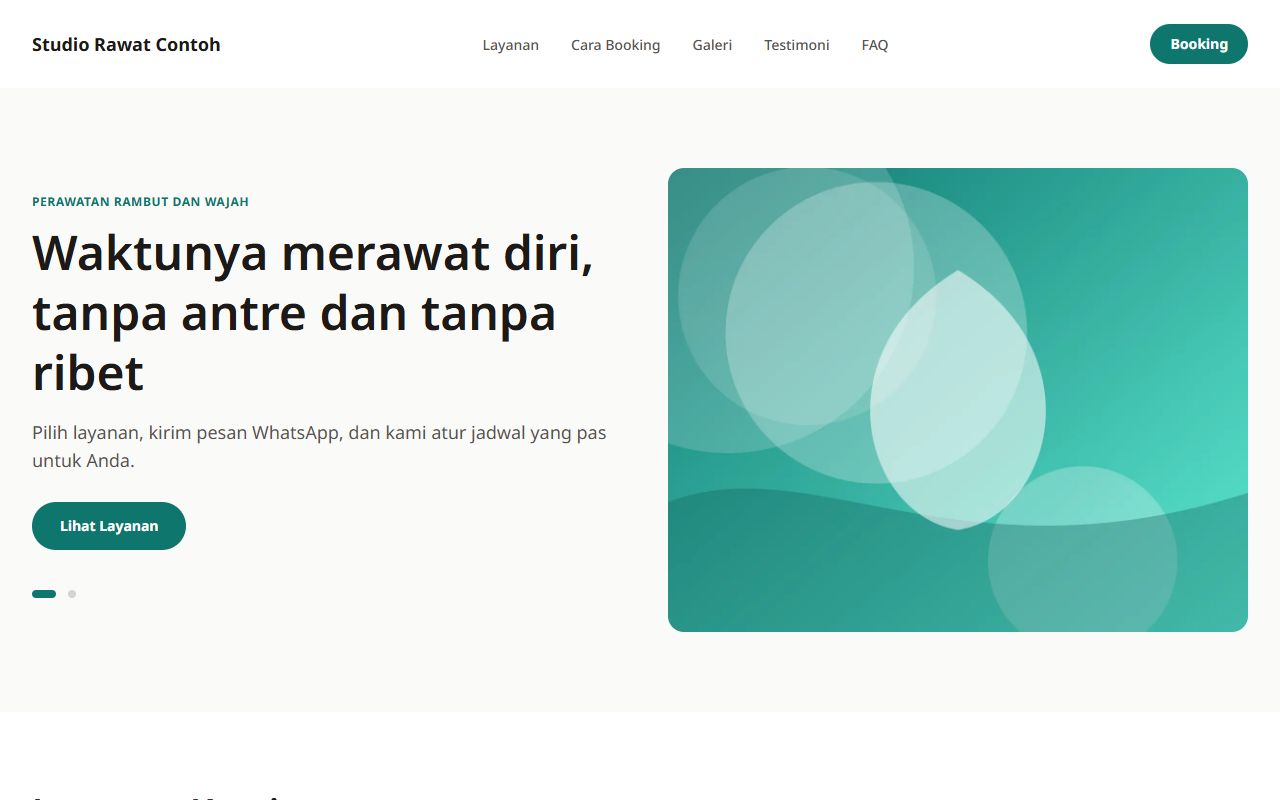Beranda tema Layanan di desktop: judul, ajakan booking, dan foto perawatan di sisi kanan