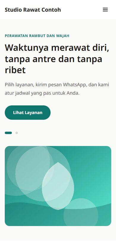 Beranda tema Layanan di ponsel: judul, ajakan booking, dan foto perawatan
