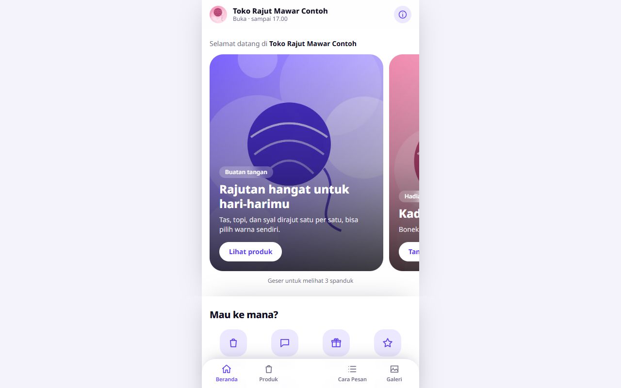 Beranda tema Mini-app di desktop: tampilan seperti aplikasi seluler di tengah layar dengan kisi ikon pintasan