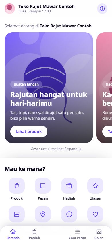 Beranda tema Mini-app di ponsel: bilah aplikasi, spanduk geser, kisi ikon, dan tab di bawah layar