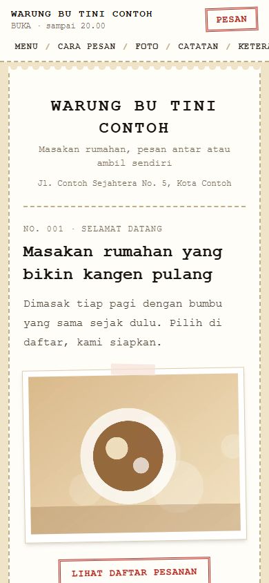 Beranda tema Nota di ponsel: kop nota, foto terlampir, dan daftar pesanan bertitik-titik