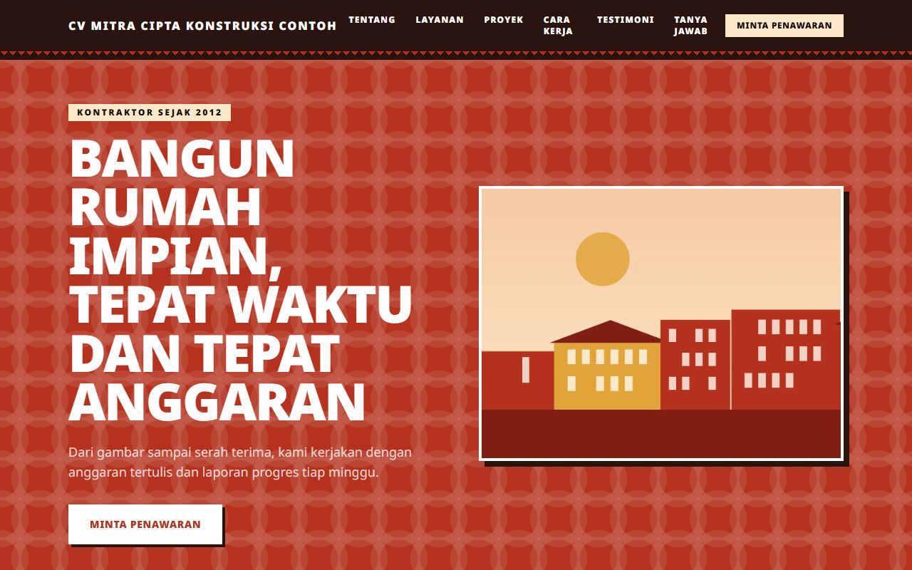 Beranda tema Nusantara di desktop: judul raksasa di blok merah bata dengan pola geometris dan foto berbingkai bayangan keras