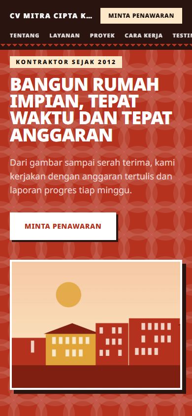 Beranda tema Nusantara di ponsel: judul raksasa di blok warna, tombol tegas, dan foto berbingkai